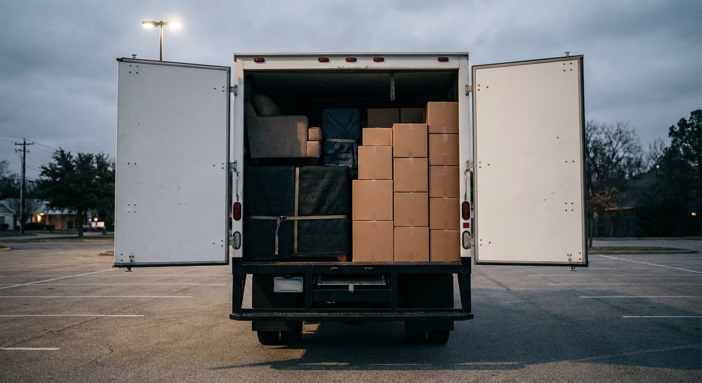 Moving truck rear view with open doors, packed boxes and furniture inside